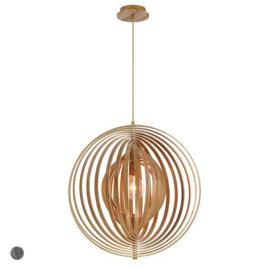 Eurofase Lighting Abruzzo 17" Small Round Dimmable Incandescent Natural Wood Pendant Light With Retractable Rings Shade