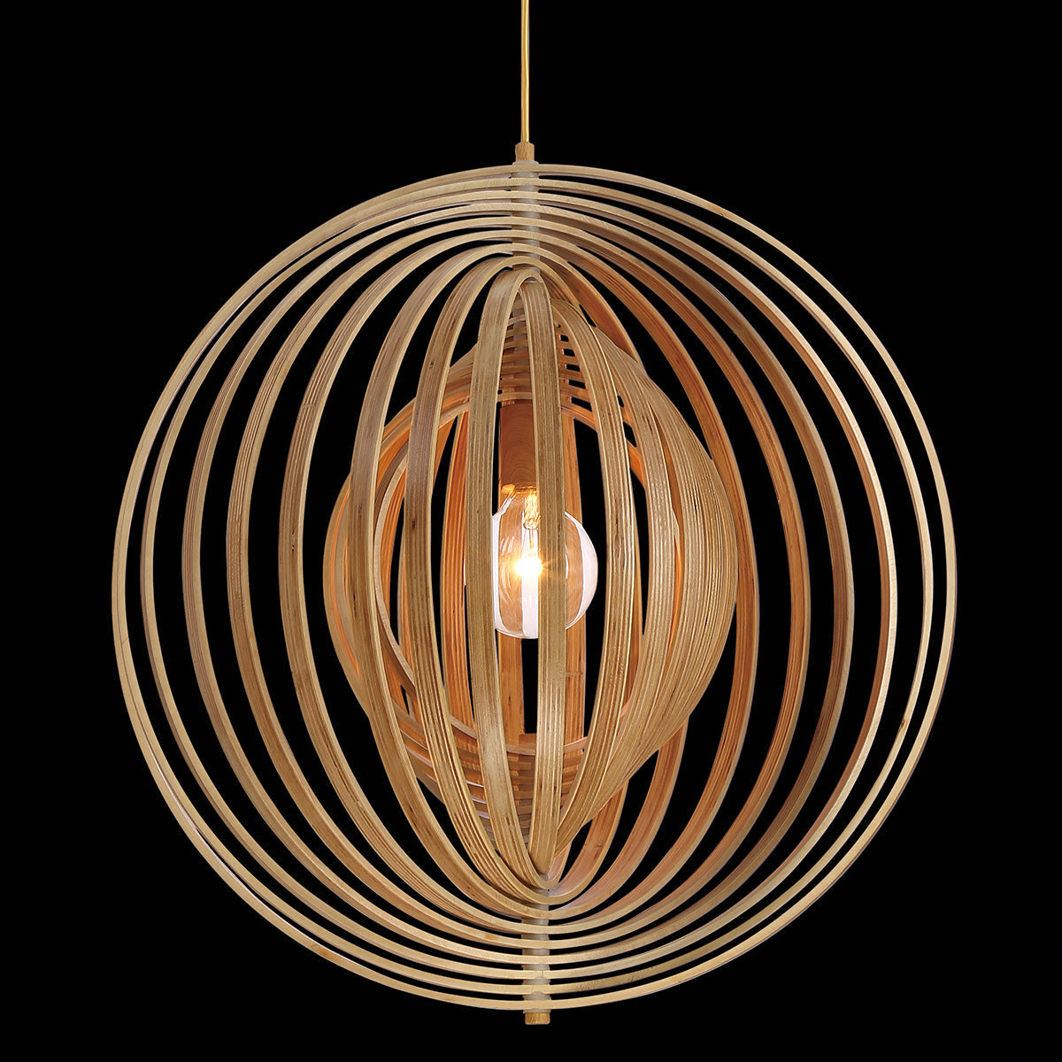 Eurofase Lighting Abruzzo 23" Large Round Dimmable Incandescent Natural Wood Pendant Light With Retractable Rings Shade