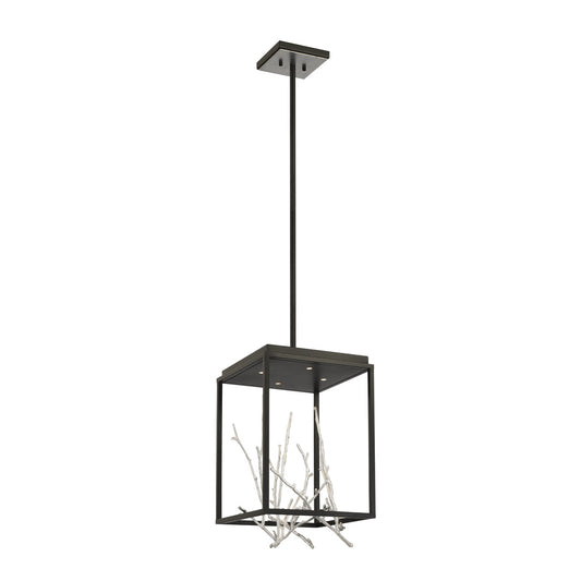 Eurofase Lighting Aerie 13" 4-Light Square Black Metal Open-Cage Framed Dimmable Integrated LED Chandelier With Silver Free-Flowing Gilded Branch Accents