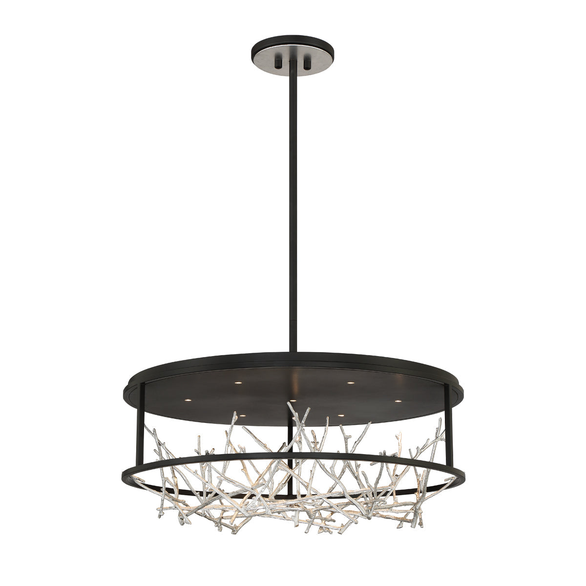 Eurofase Lighting Aerie 30" 7-Light Dimmable Integrated LED Round Black Open-Cage Framed Chandelier With Silver Free-Flowing Gilded Branch Accents