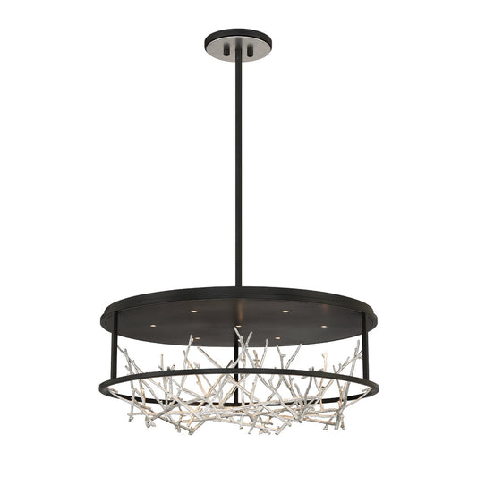 Eurofase Lighting Aerie 30" 7-Light Dimmable Integrated LED Round Black Open-Cage Framed Chandelier With Silver Free-Flowing Gilded Branch Accents