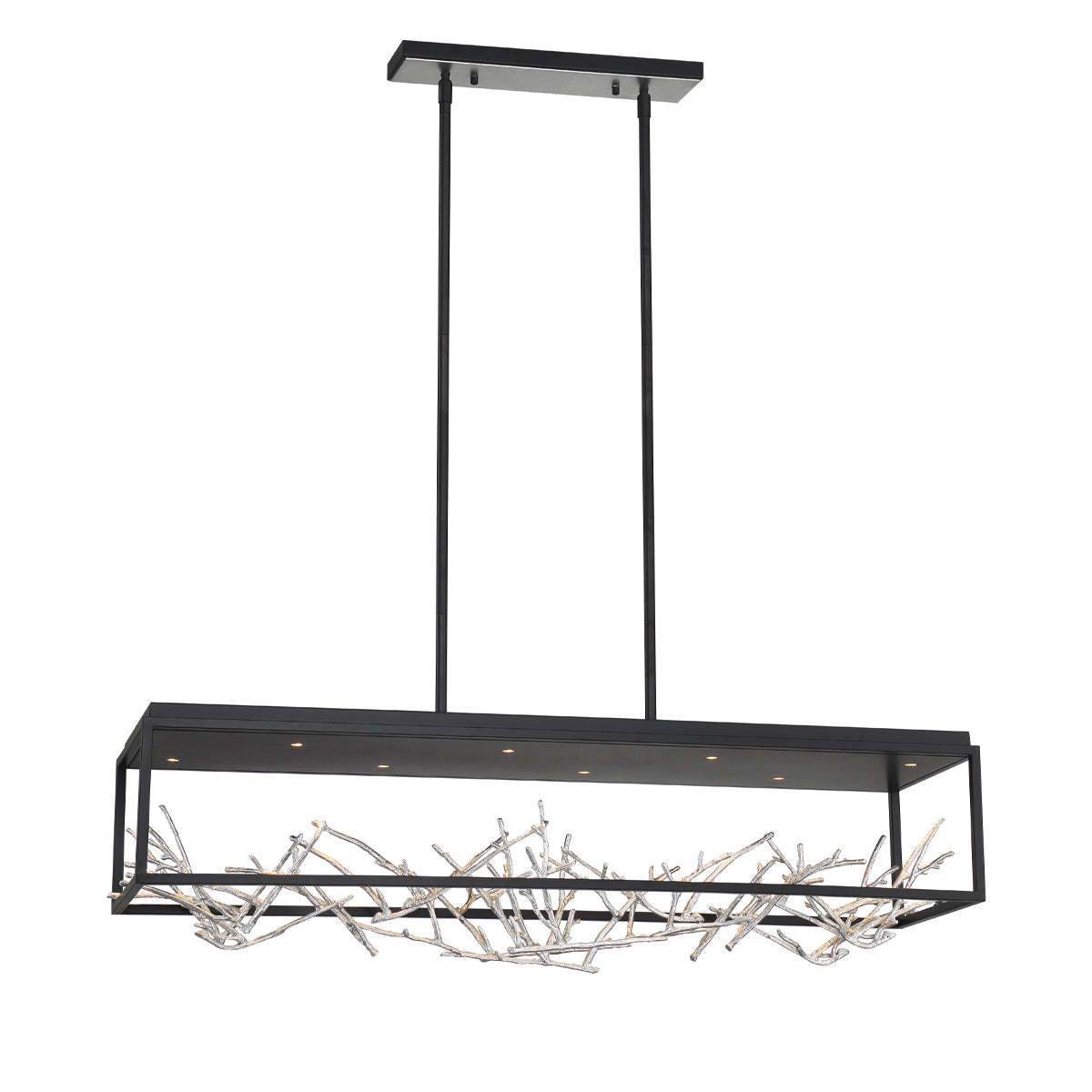 Eurofase Lighting Aerie 42" 8-Light Dimmable Integrated LED Rectangular Black Open-Cage Framed Chandelier With Silver Free-Flowing Gilded Branch Accents