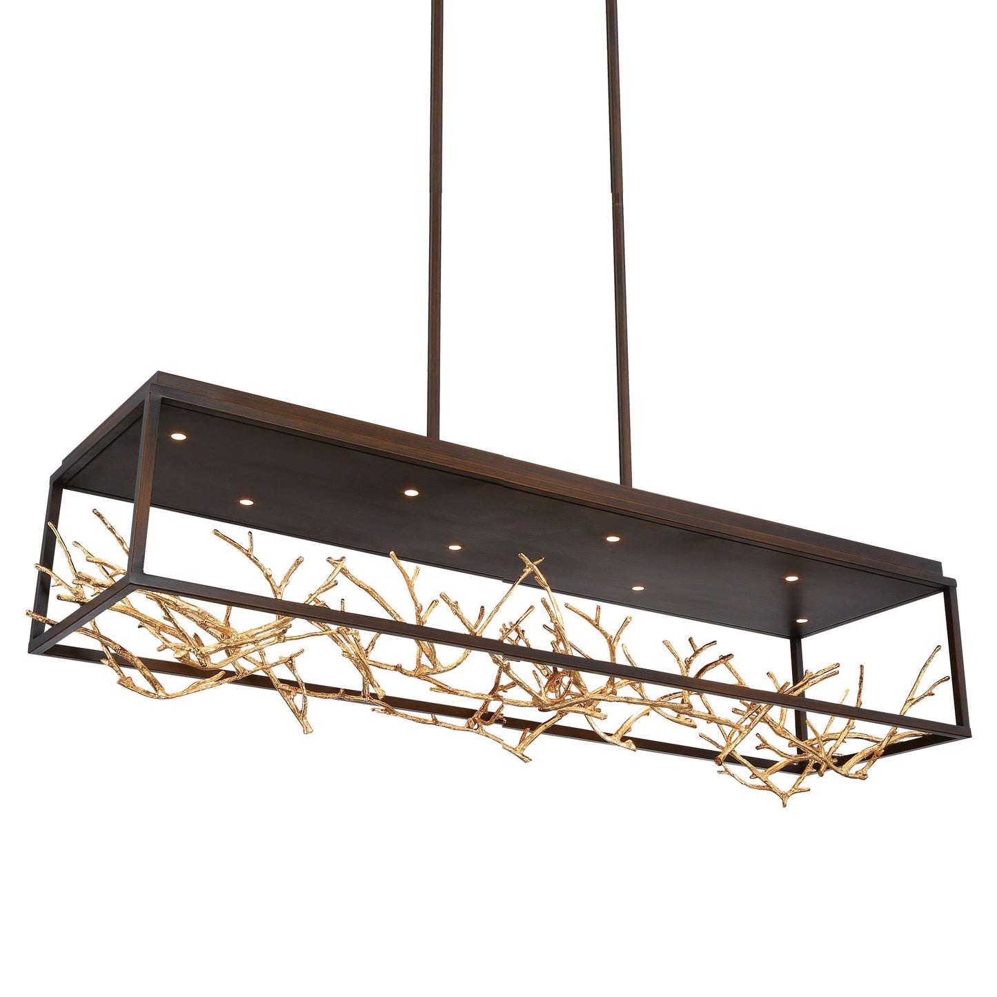 Eurofase Lighting Aerie 42" 8-Light Dimmable Integrated LED Rectangular Bronze Open-Cage Framed Chandelier With Gold Free-Flowing Gilded Branch Accents