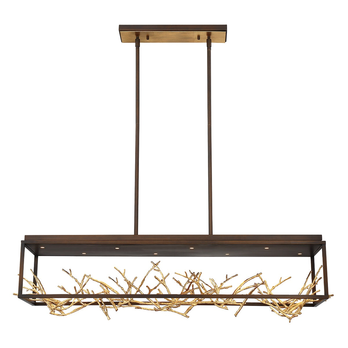 Eurofase Lighting Aerie 42" 8-Light Dimmable Integrated LED Rectangular Bronze Open-Cage Framed Chandelier With Gold Free-Flowing Gilded Branch Accents