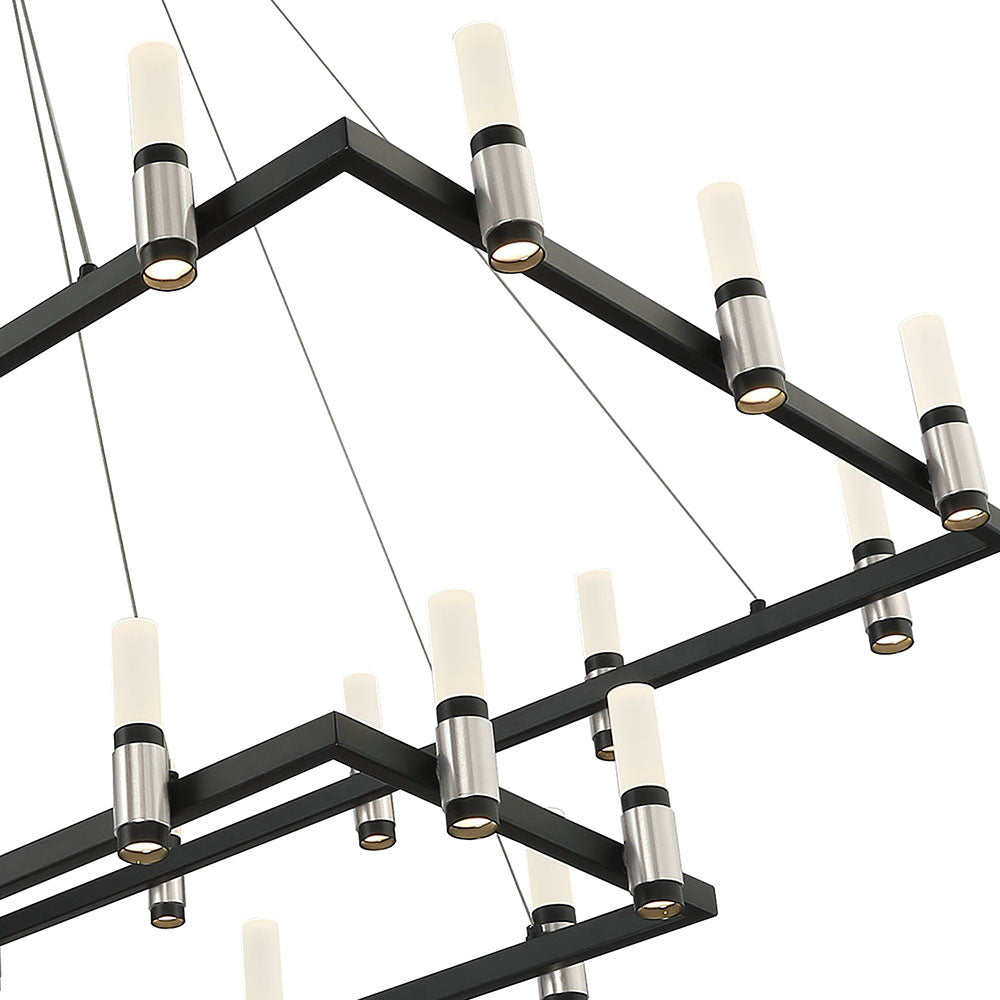 Eurofase Lighting Altamont 52" 30-Light 2-Tier Dimmable Integrated LED Metal Rectangular Black And Satin Nickel Chandelier With Soft White Acrylic Shades