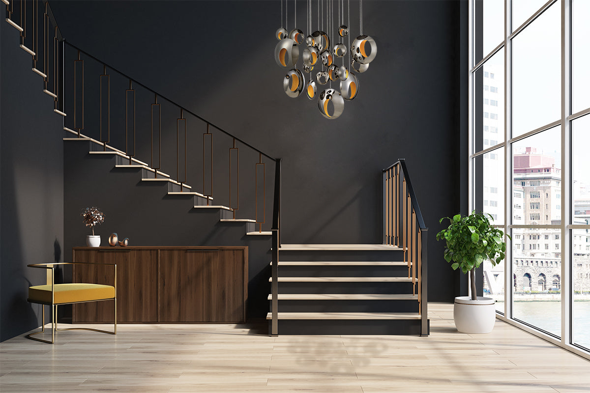 Eurofase Lighting Arlington 52" 20-Light Dimmable Integrated LED Blackened Chrome Chandelier With Metal Orb Shades