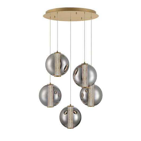 Eurofase Lighting Atomo 26" 5-Light Gold Round Dimmable LED Chandelier With Smoked Glass Shades