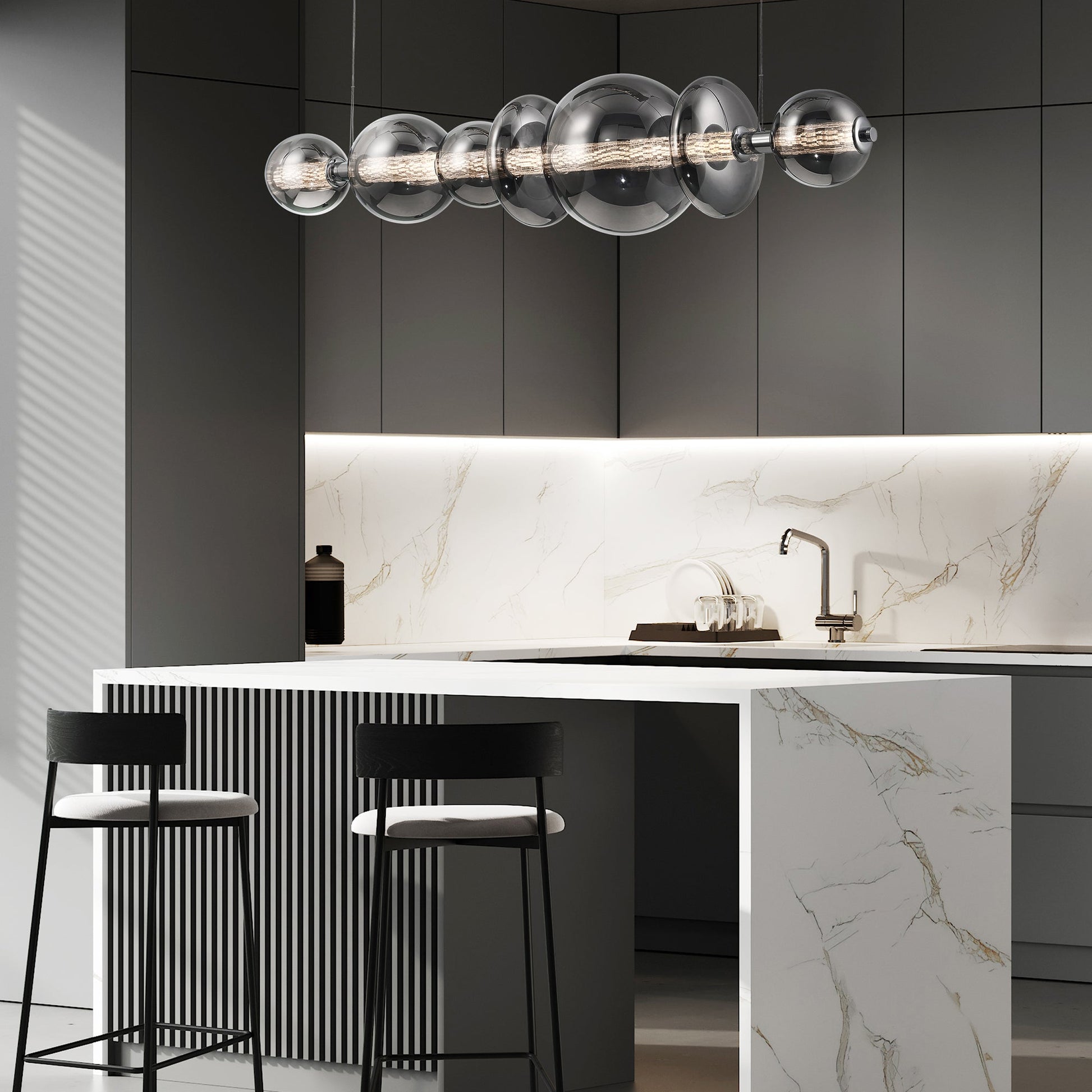 Eurofase Lighting Atomo 56" 7-Light Gold Linear Dimmable LED Chandelier With Smoke Glass Shades