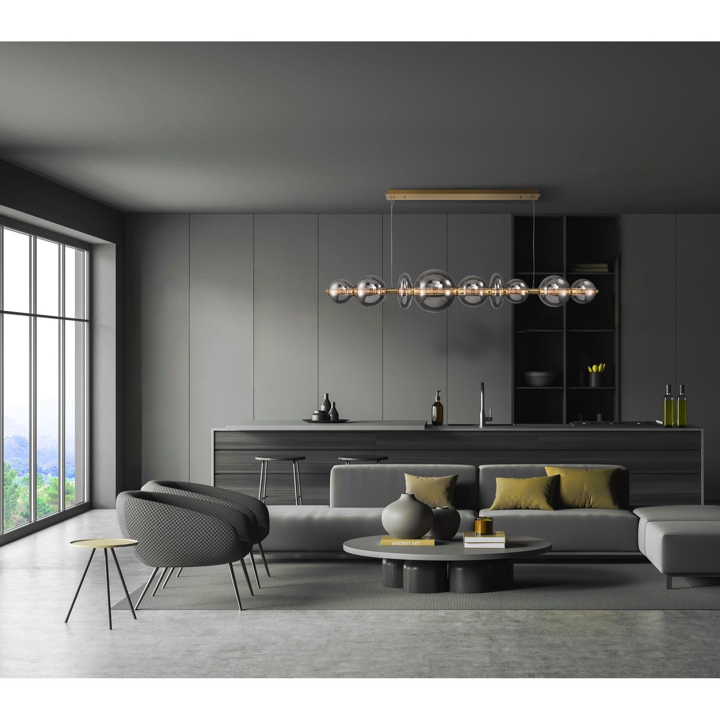 Eurofase Lighting Atomo 74" 9-Light Integrated LED Smoke Glass Shade Gold Linear Chandelier
