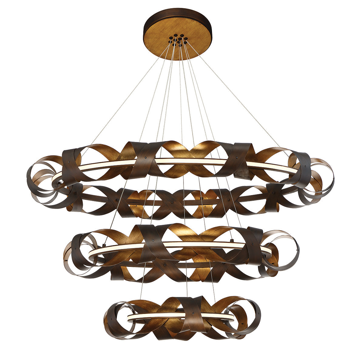 Eurofase Lighting Banderia 44" 3-Tier Dimmable Integrated LED Metal Round Chandelier With Bronze And Gold Metal Ribbon Shades