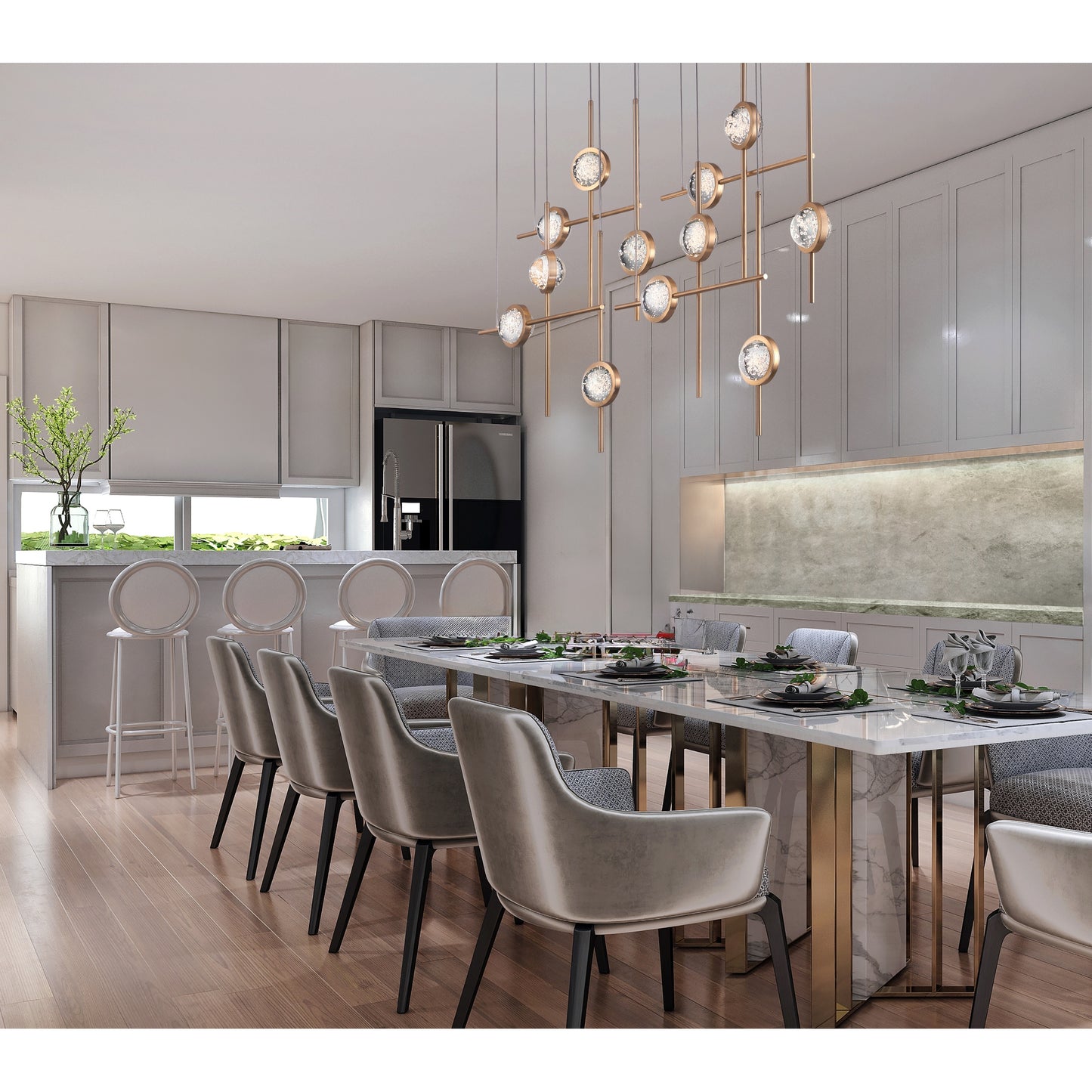 Eurofase Lighting Barletta 53" 12-Light Integrated LED Clear Glass Shade Anodized Gold Grand Chandelier