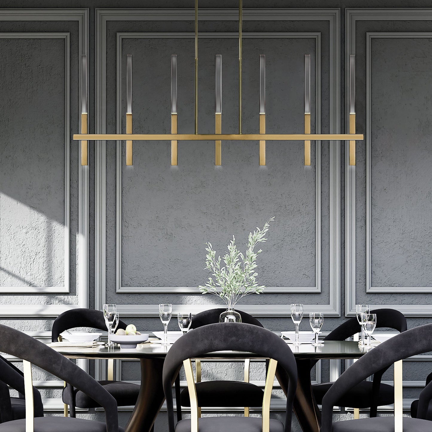 Eurofase Lighting Benicio 46" 7-Light Dimmable Integrated LED Brushed Gold Linear Chandelier With Clear Glass Shades