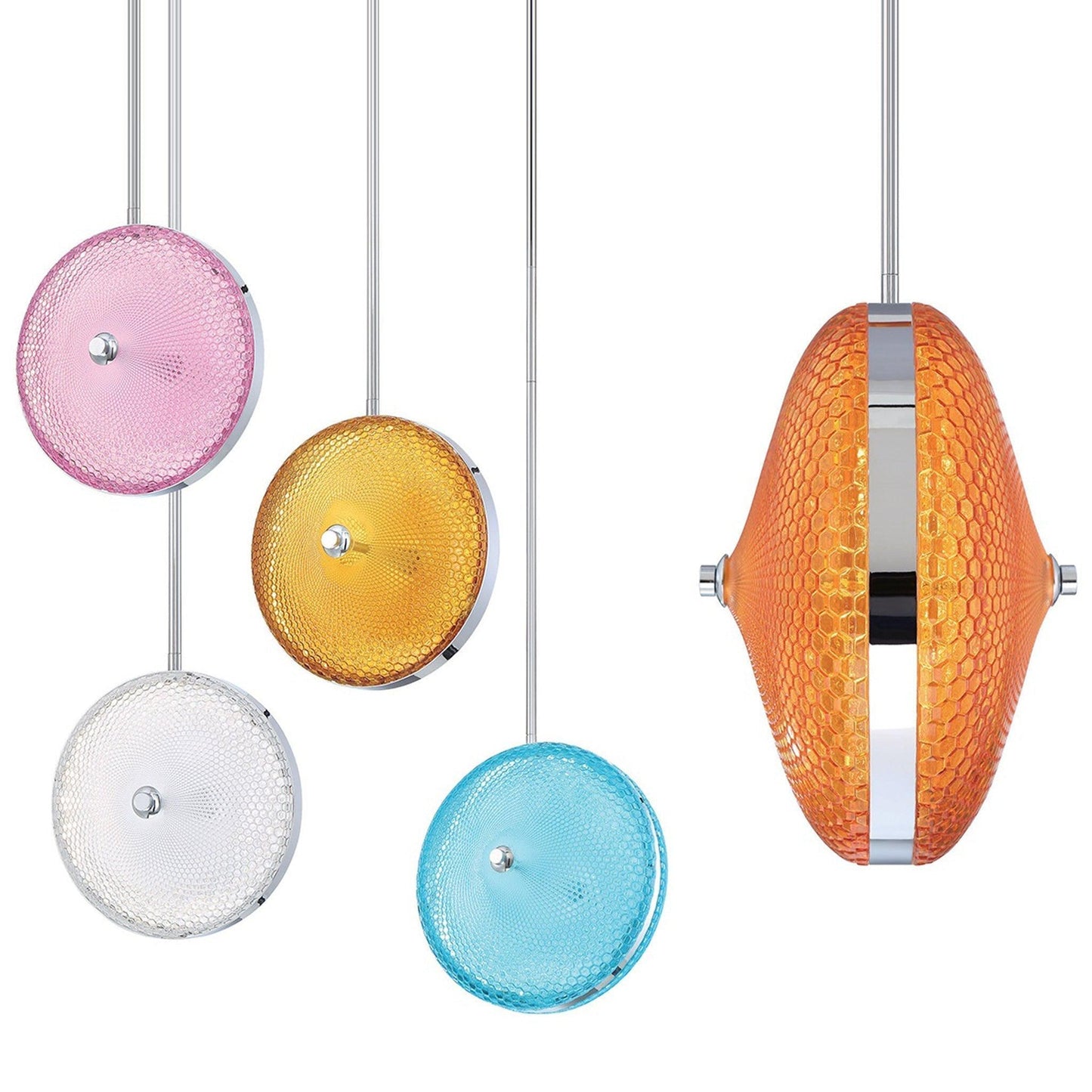 Eurofase Lighting Caledonia 10" Round Chrome Dimmable Integrated LED Pendant Light With Bright Candy Orange Honeycomb Glass Shade