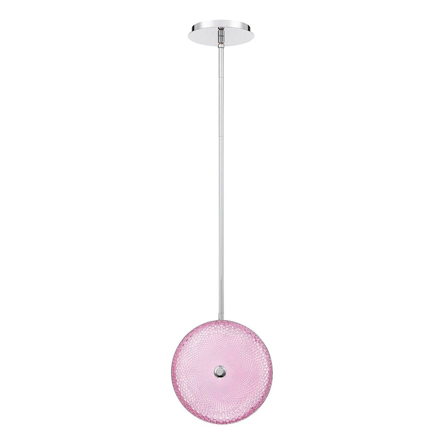 Eurofase Lighting Caledonia 10" Round Chrome Dimmable Integrated LED Pendant Light With Bright Candy Pink Honeycomb Glass Shade