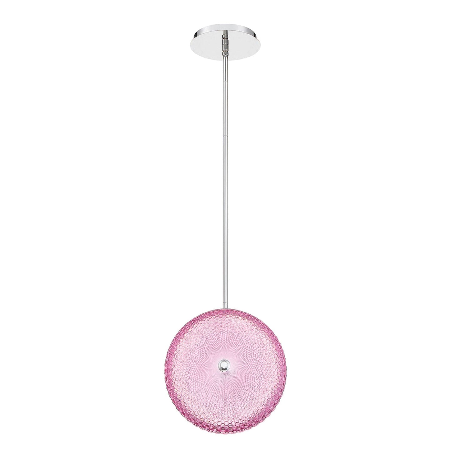 Eurofase Lighting Caledonia 13" Round Chrome Dimmable Integrated LED Pendant Light With Bright Candy Pink Honeycomb Glass Shade