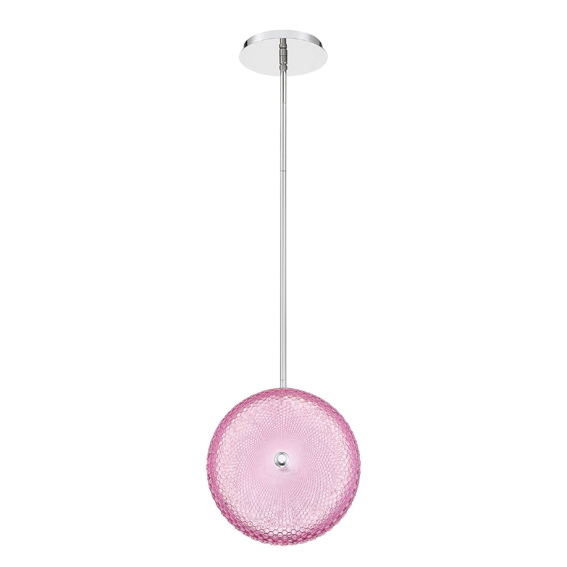 Eurofase Lighting Caledonia 13" Round Chrome Dimmable Integrated LED Pendant Light With Bright Candy Pink Honeycomb Glass Shade