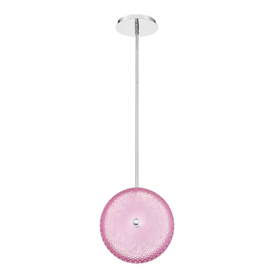 Eurofase Lighting Caledonia 13" Round Chrome Dimmable Integrated LED Pendant Light With Bright Candy Pink Honeycomb Glass Shade