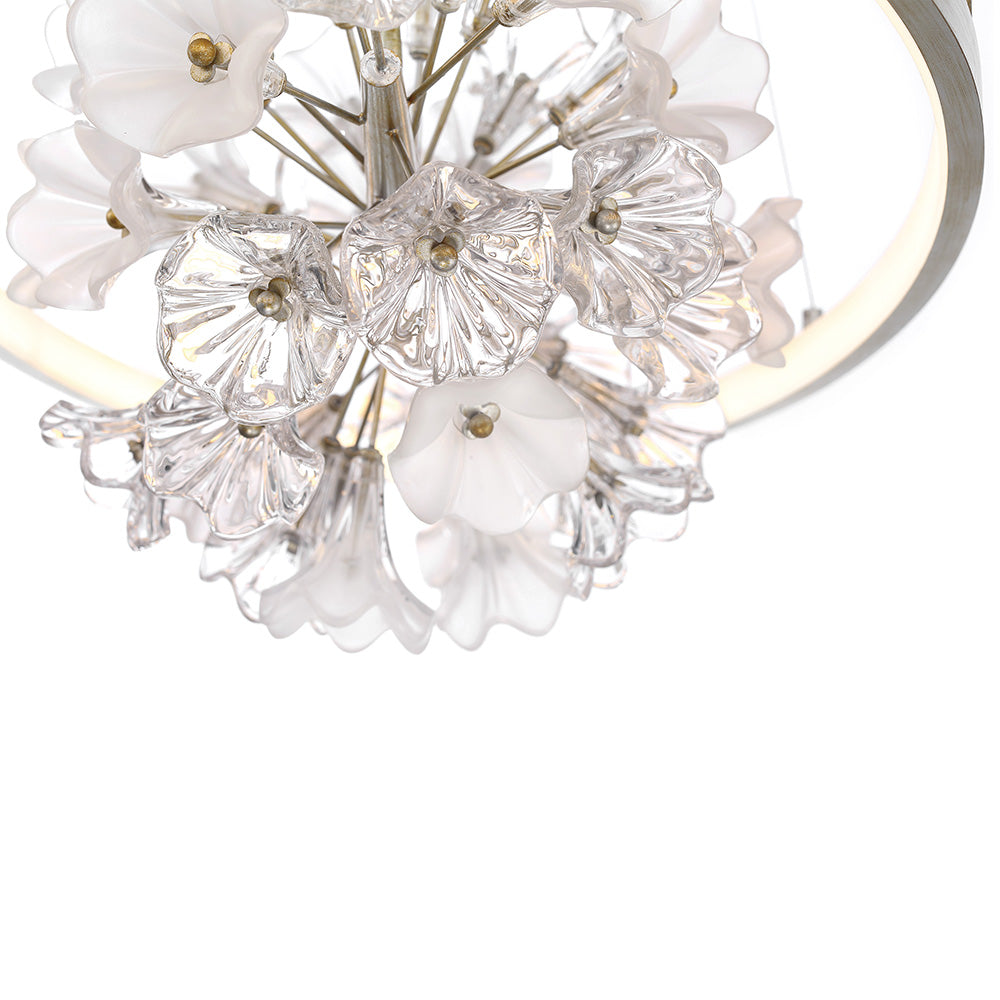 Eurofase Lighting Clayton 26" Dimmable Integrated LED Silver And Brushed Gold Round Chandelier With A Bouquet Of Opal & Clear Glass Florets