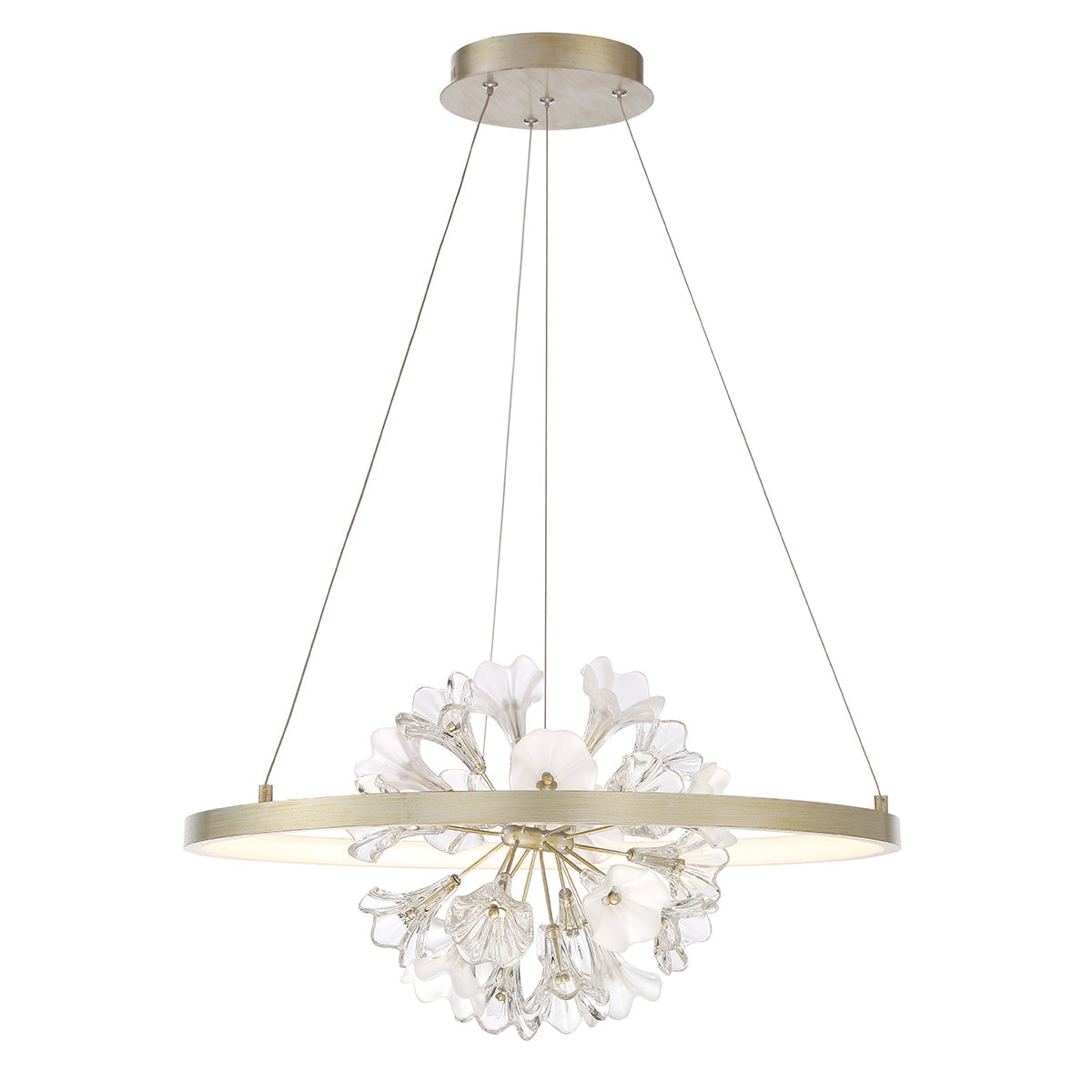 Eurofase Lighting Clayton 26" Dimmable Integrated LED Silver And Brushed Gold Round Chandelier With A Bouquet Of Opal & Clear Glass Florets