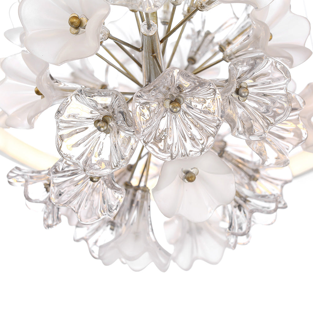 Eurofase Lighting Clayton 43" Dimmable Integrated LED Silver And Brushed Gold Oval Chandelier With A Bouquet Of Opal and Clear Glass Florets