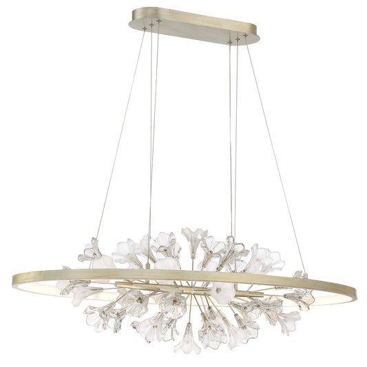 Eurofase Lighting Clayton 43" Dimmable Integrated LED Silver And Brushed Gold Oval Chandelier With A Bouquet Of Opal and Clear Glass Florets