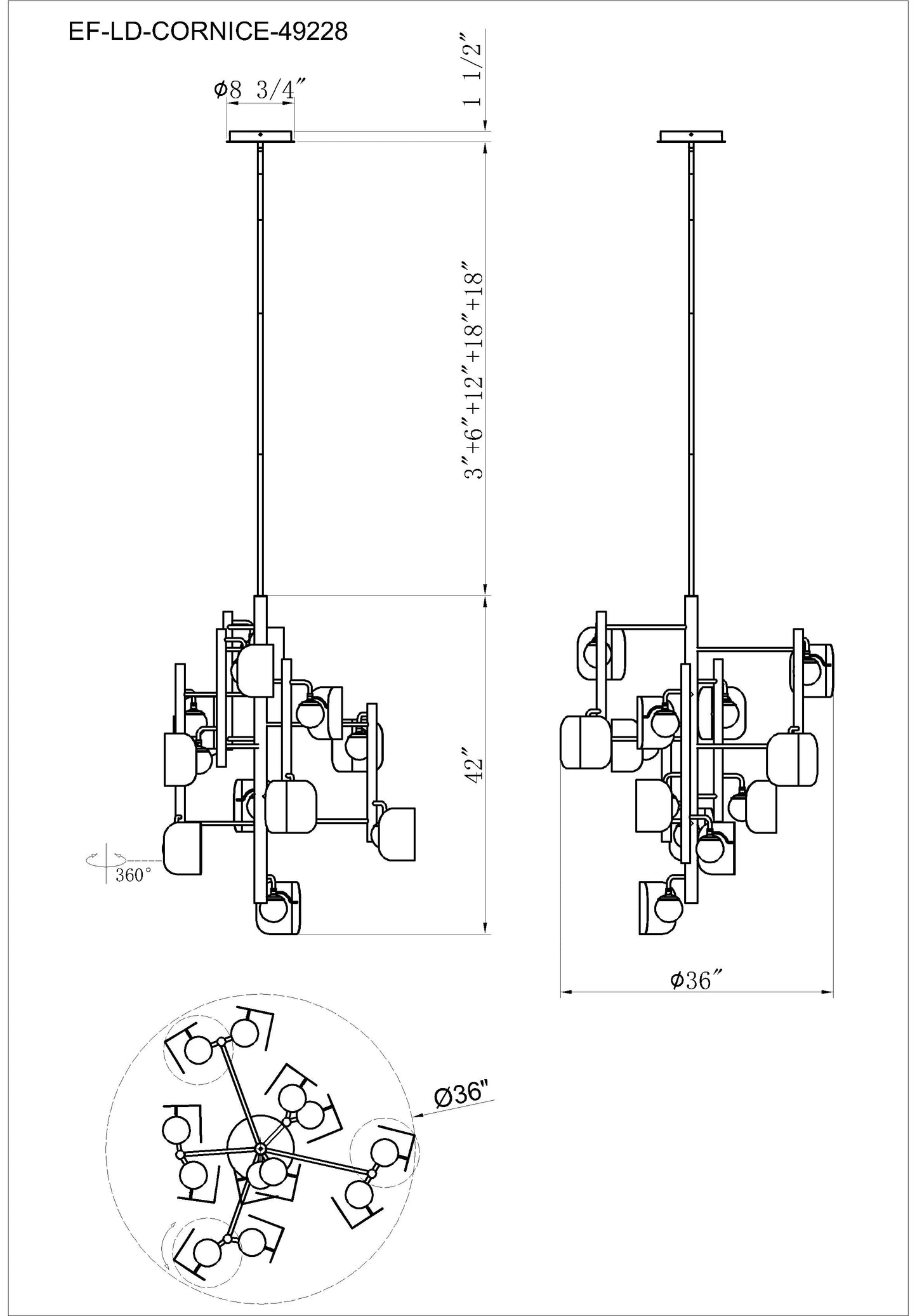 Eurofase Lighting Cornice 42" 12-Light Integrated LED Glass Shade Gold and Black Steel Chandelier