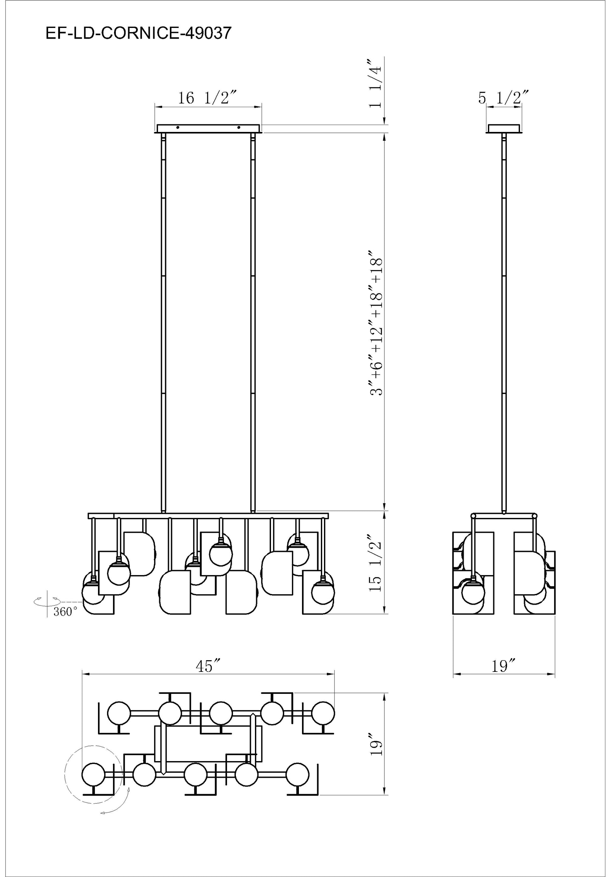 Eurofase Lighting Cornice 45" 10-Light Integrated LED Glass Shade Gold and Black Steel Linear Chandelier
