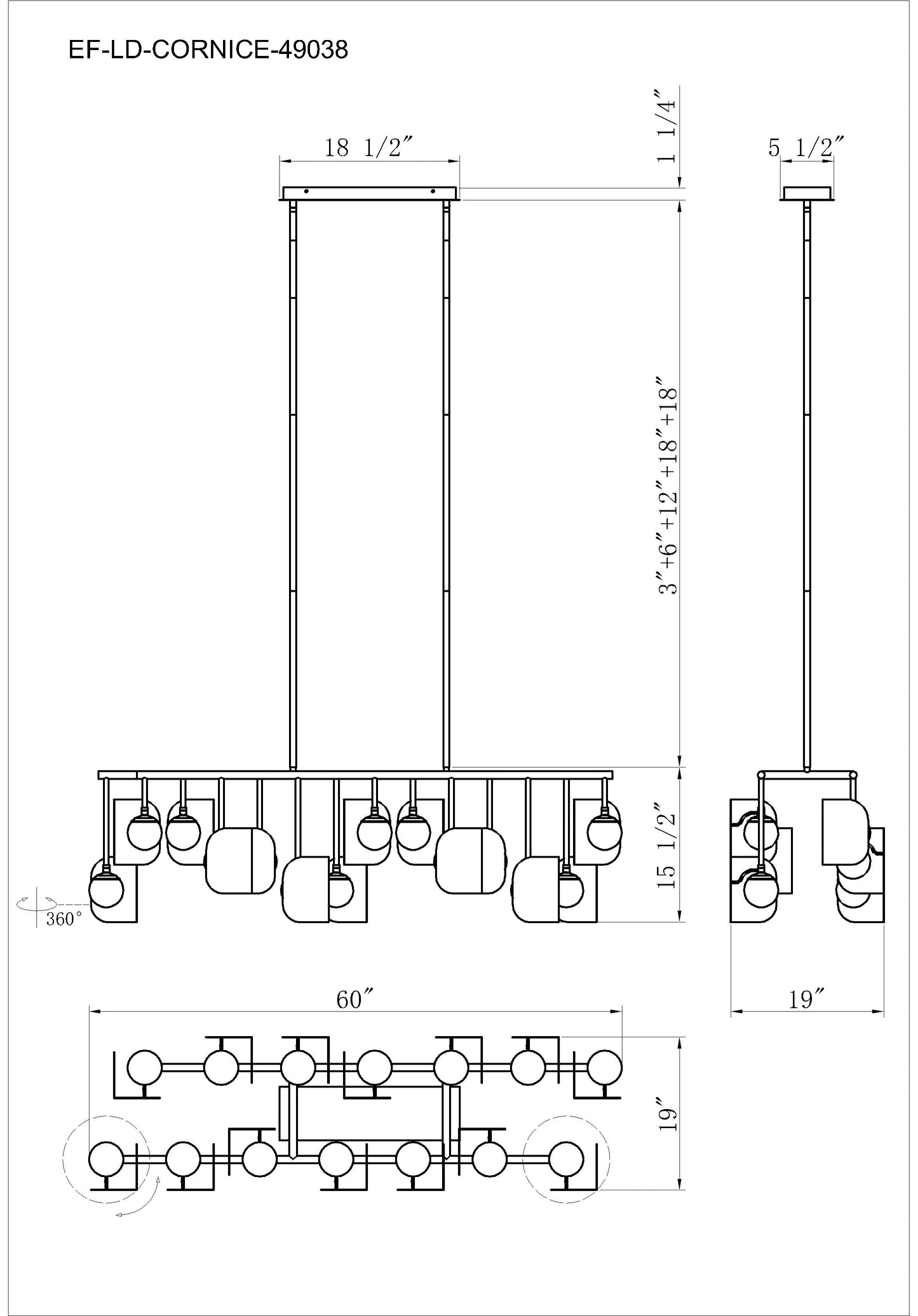 Eurofase Lighting Cornice 60" 14-Light Integrated LED Glass Shade Gold and Black Steel Chandelier