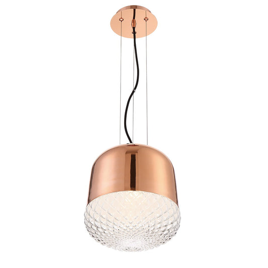 Eurofase Lighting Corson 10" Small Dimmable Incandescent Rose Gold Metal Pendant Light With Clear Cast Weave Glass Shade