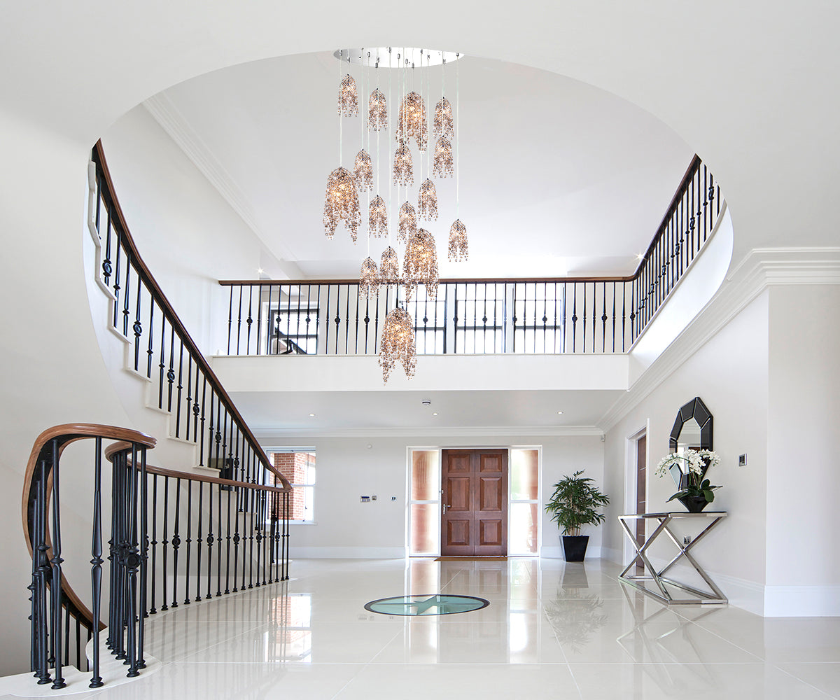 Eurofase Lighting Danza 38" 20-light Round Dimmable Halogen Bulb Chrome Chandelier With Cognac Crystal Shades
