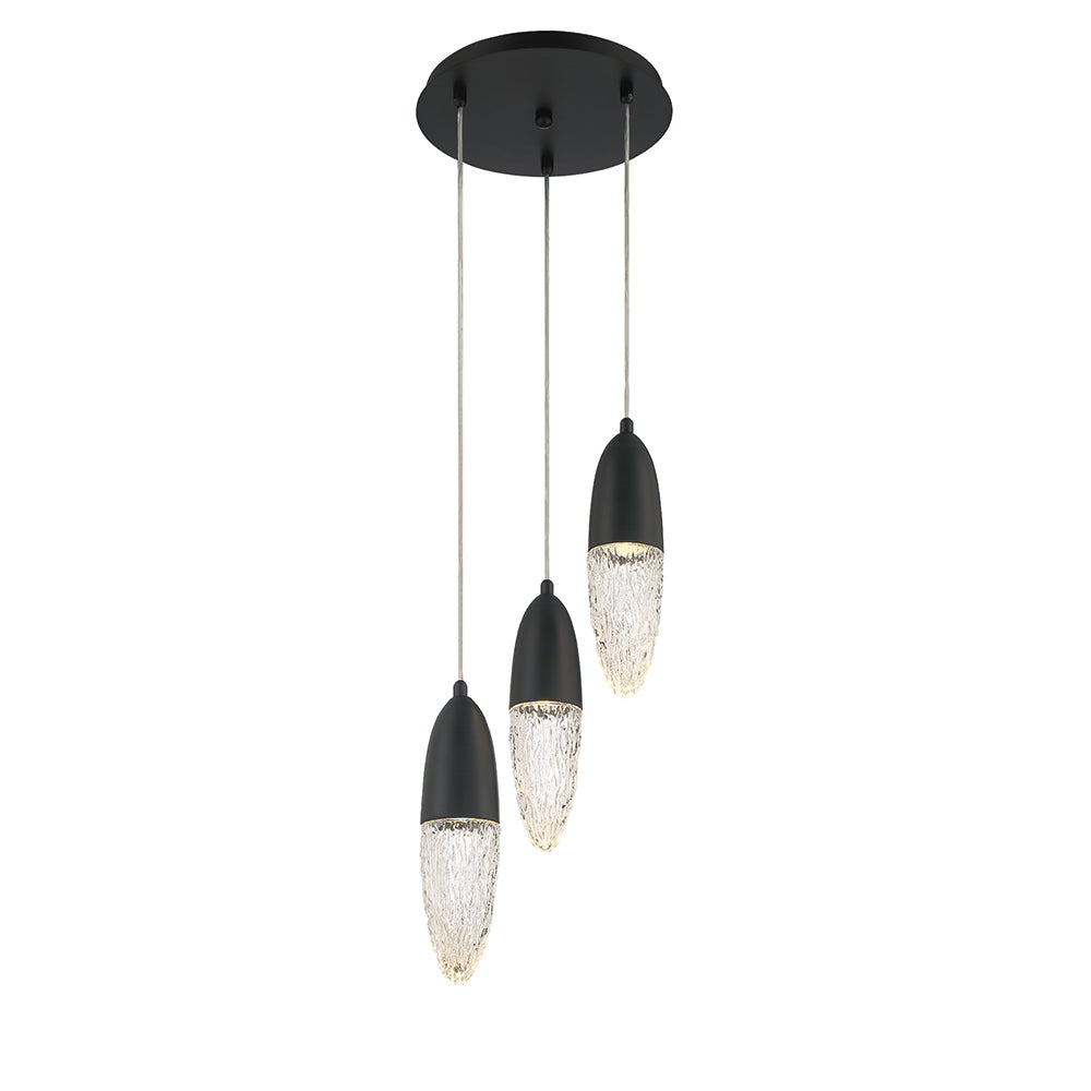 Eurofase Lighting Ecrou 12" 3-Light Dimmable Halogen Matte Black Chandelier With Textured Clear Glass Shades