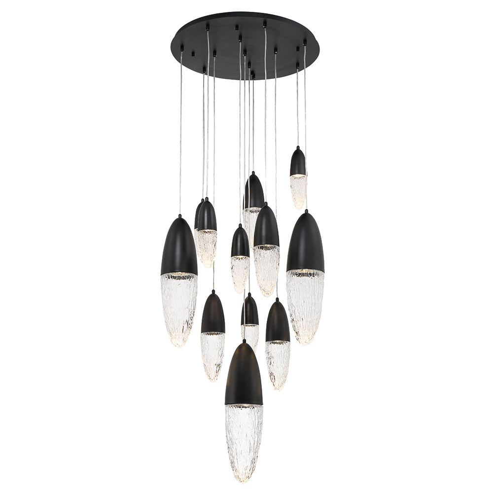 Eurofase Lighting Ecrou 30" 12-Light Dimmable Halogen Matte Black Chandelier With Textured Clear Glass Shades