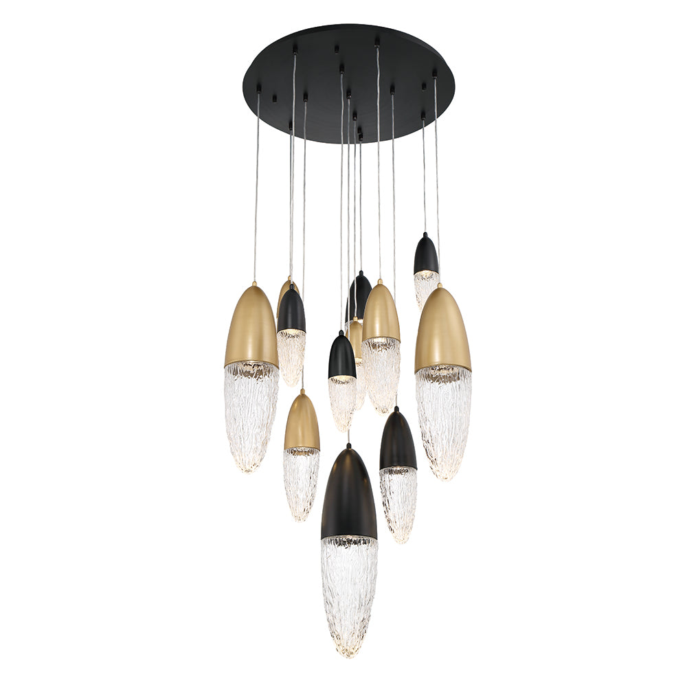 Eurofase Lighting Ecrou 30" 12-Light Dimmable Halogen Matte Black & Gold Chandelier With Textured Clear Glass Shades