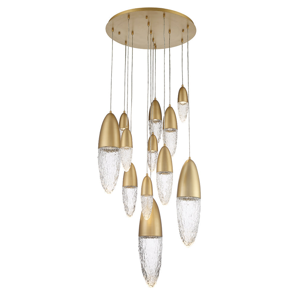 Eurofase Lighting Ecrou 30" 12-Light Dimmable Halogen Matte Gold Chandelier With Textured Clear Glass Shades