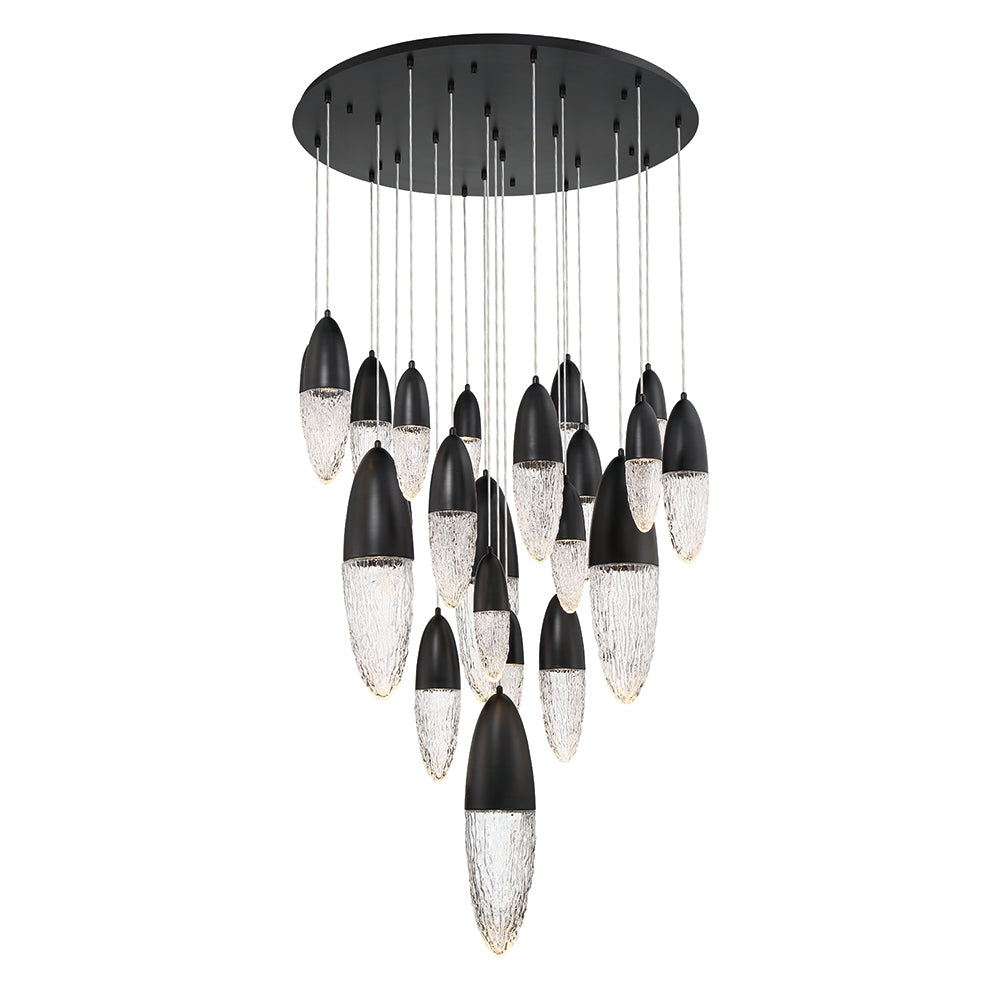 Eurofase Lighting Ecrou 40" 22-Light Dimmable Halogen Matte Black Chandelier With Textured Clear Glass Shades