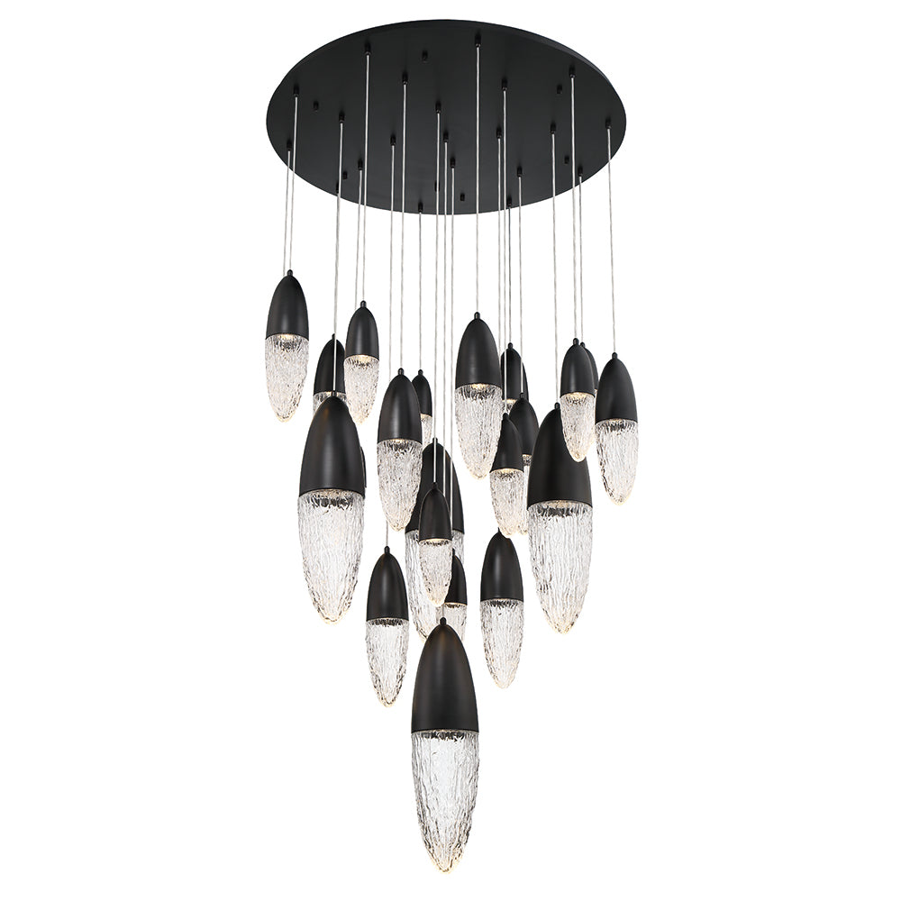 Eurofase Lighting Ecrou 40" 22-Light Dimmable Halogen Matte Black Chandelier With Textured Clear Glass Shades