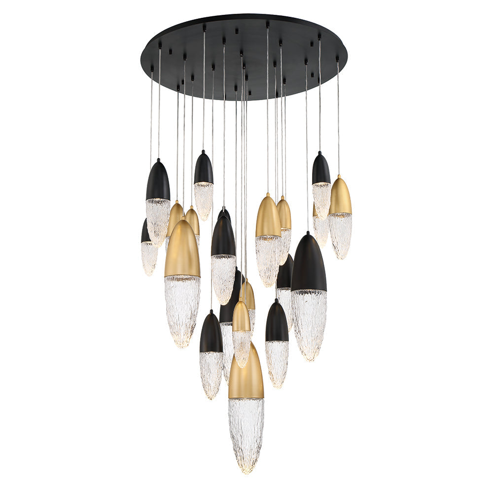 Eurofase Lighting Ecrou 40" 22-Light Dimmable Halogen Matte Black & Gold Chandelier With Textured Clear Glass Shades