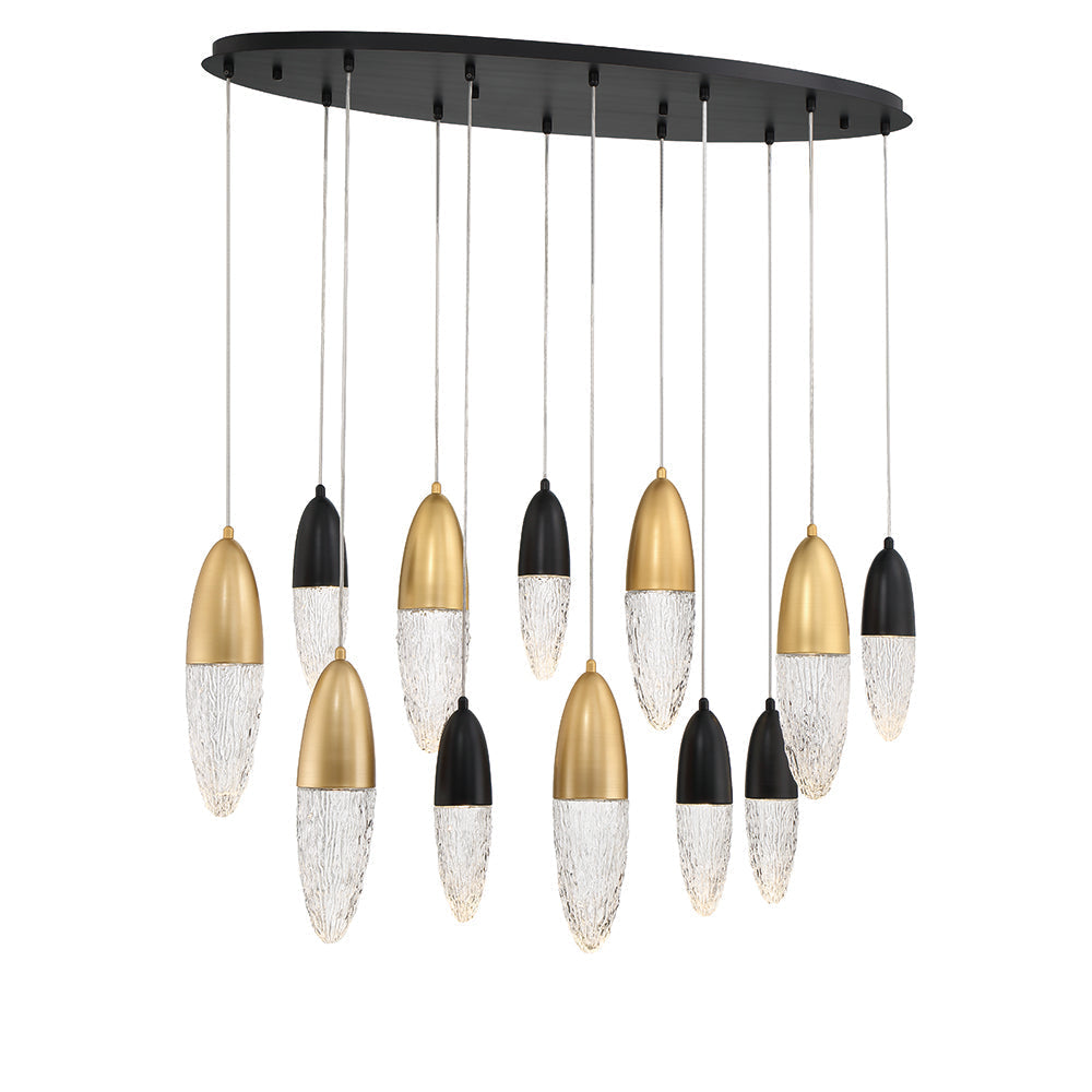 Eurofase Lighting Ecrou 44" 12-Light Dimmable Halogen Matte Black & Gold Oval Chandelier With Textured Clear Glass Shades