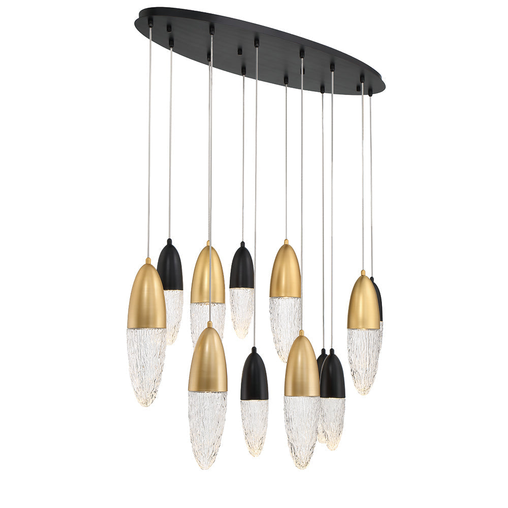 Eurofase Lighting Ecrou 44" 12-Light Dimmable Halogen Matte Black & Gold Oval Chandelier With Textured Clear Glass Shades