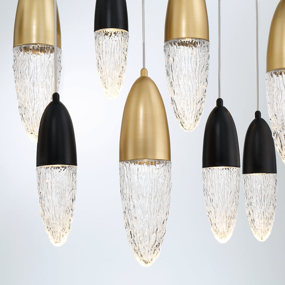 Eurofase Lighting Ecrou 44" 12-Light Dimmable Halogen Matte Black & Gold Oval Chandelier With Textured Clear Glass Shades
