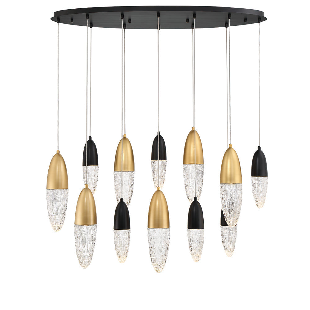 Eurofase Lighting Ecrou 44" 12-Light Dimmable Halogen Matte Black & Gold Oval Chandelier With Textured Clear Glass Shades