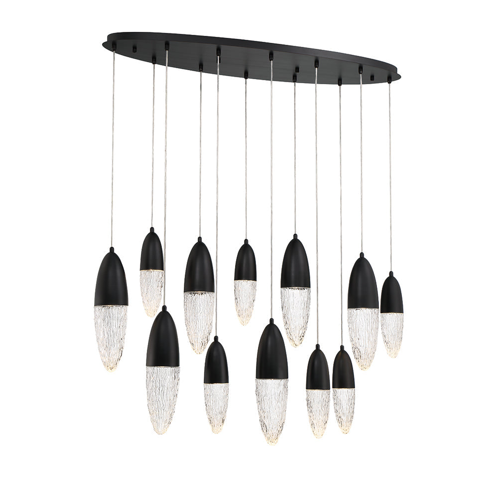 Eurofase Lighting Ecrou 44" 12-Light Dimmable Halogen Matte Black Oval Chandelier With Textured Clear Glass Shades