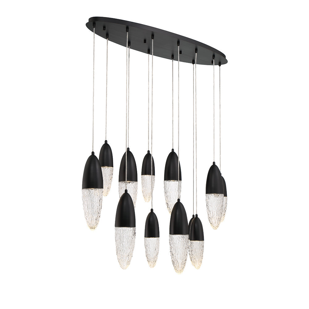 Eurofase Lighting Ecrou 44" 12-Light Dimmable Halogen Matte Black Oval Chandelier With Textured Clear Glass Shades