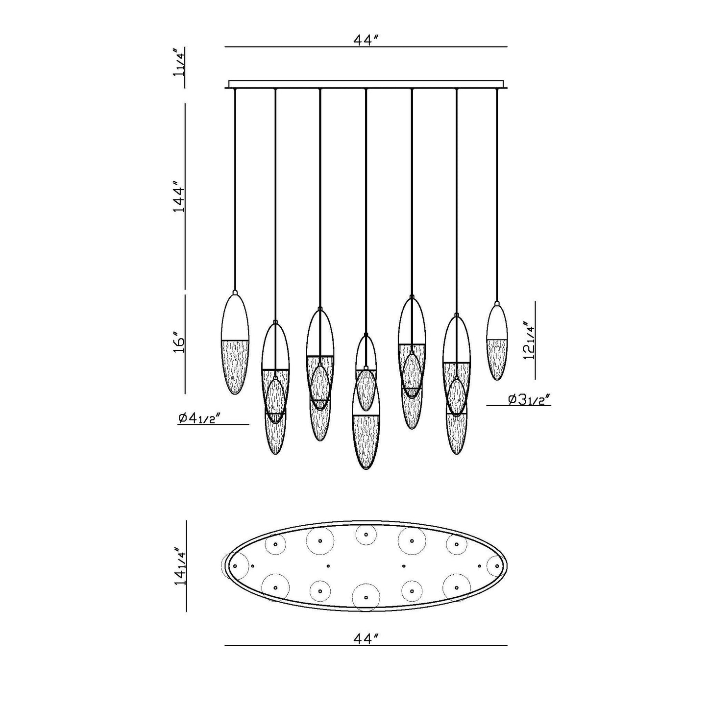 Eurofase Lighting Ecrou 44" 12-Light Dimmable Halogen Matte Black Oval Chandelier With Textured Clear Glass Shades