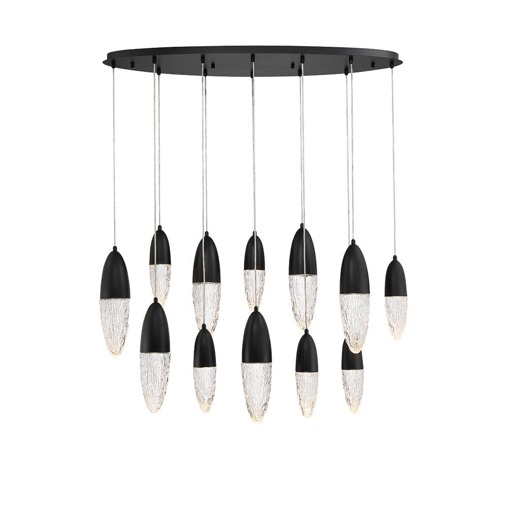 Eurofase Lighting Ecrou 44" 12-Light Dimmable Halogen Matte Black Oval Chandelier With Textured Clear Glass Shades