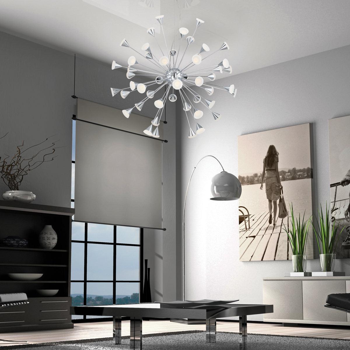 Eurofase Lighting Esplo 33" 48-Light Dimmable Integrated LED Metal Sputnik Chrome Chandelier With Frosted Acrylic Shades