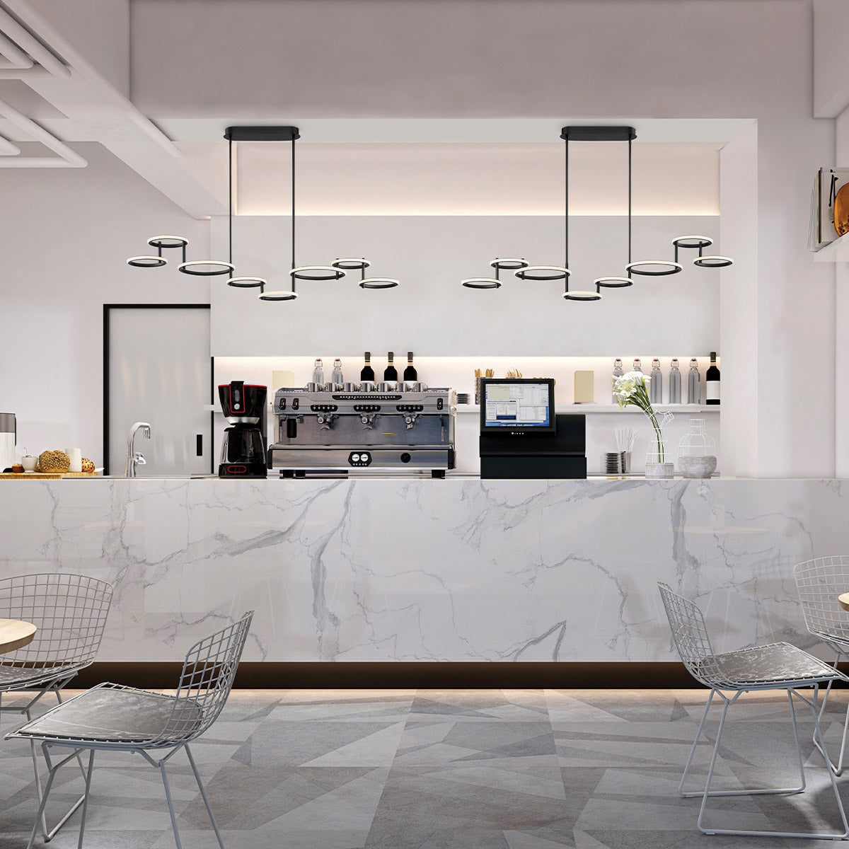 Eurofase Lighting Giro 59" 8-Light Dimmable Integrated LED Metal Matte Black Chandelier With White Acrylic Circular Shades