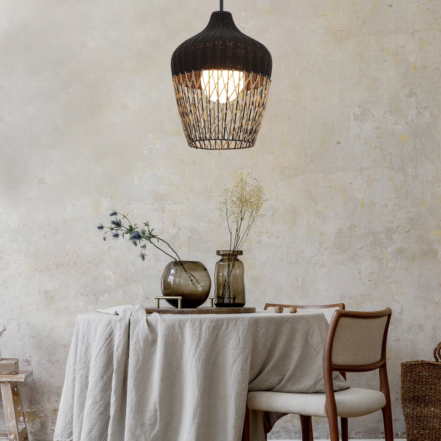 Eurofase Lighting Hannha 23" 1-Light Brown Rope Shade Matte Black Pet Weave Outdoor Pendant Light