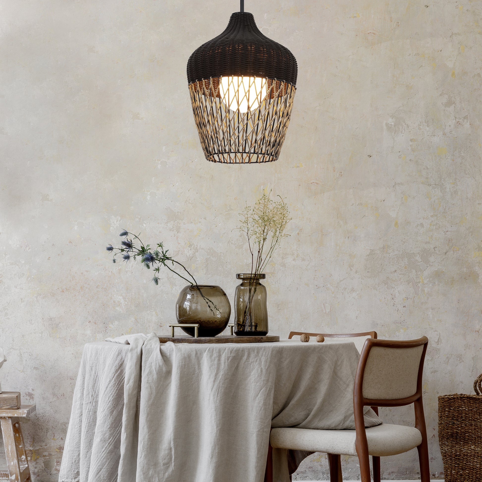 Eurofase Lighting Hannha 23" 1-Light Brown Rope Shade Matte Black Pet Weave Outdoor Pendant Light