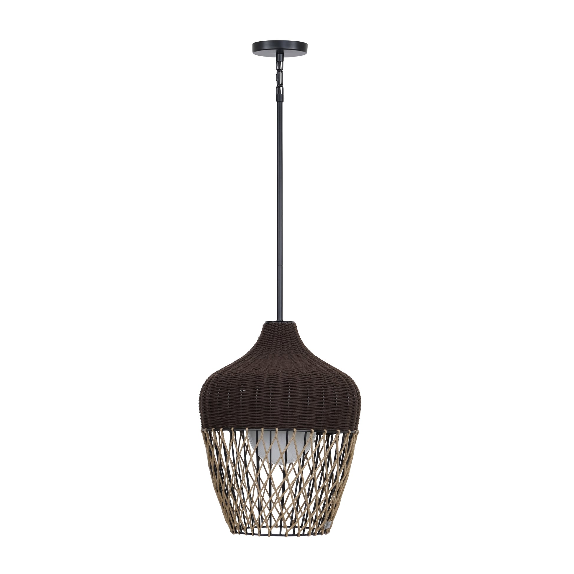 Eurofase Lighting Hannha 23" 1-Light Brown Rope Shade Matte Black Pet Weave Outdoor Pendant Light